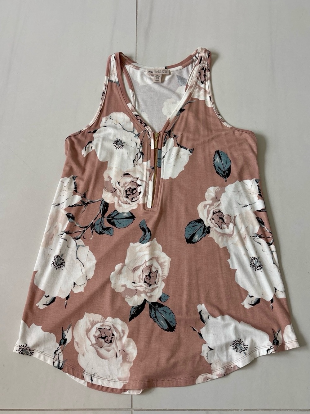Elaine Rose Light Mauve floral tank top with zipper detail.